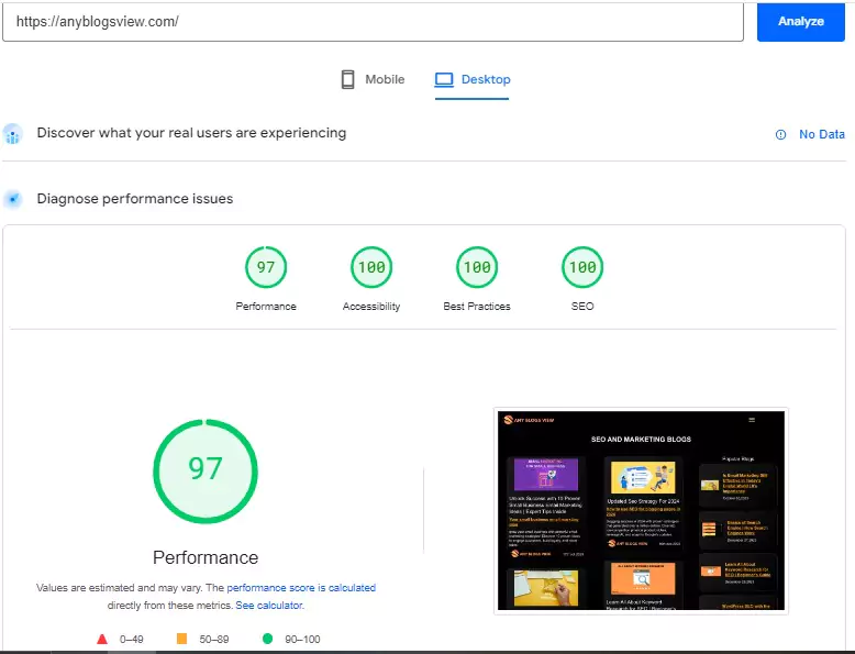 any blogs view page speed test desktop