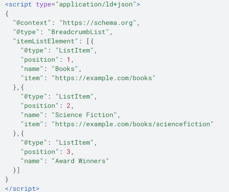 how does breadcrumb schema markup looks like example