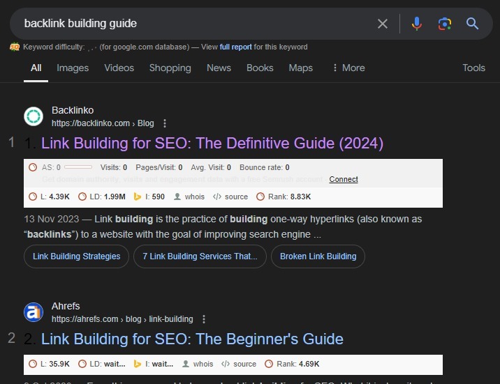 backlink building guide google search results