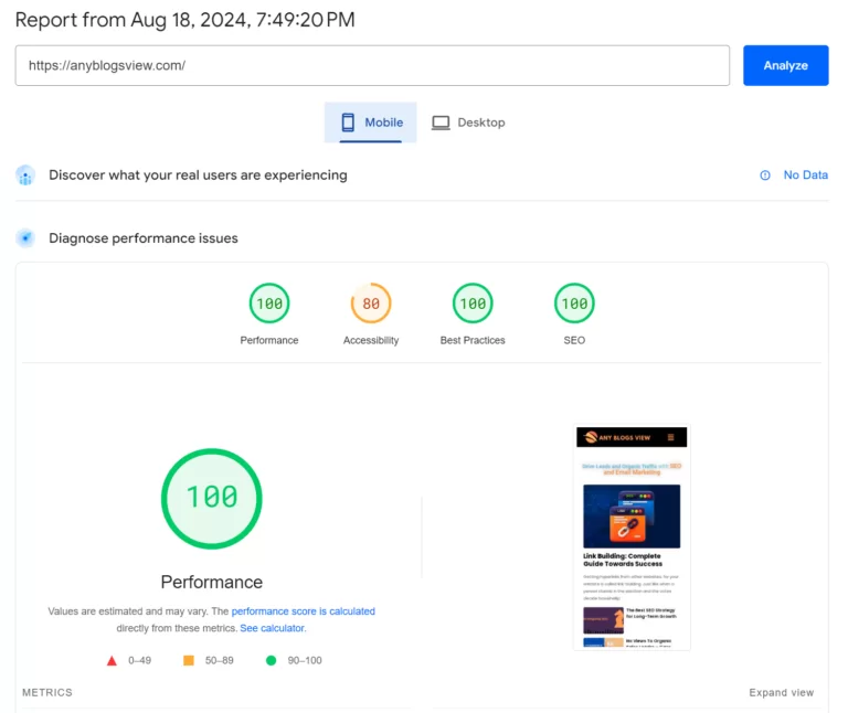 on page speed optimization 100/100 score from gsc lighthouse